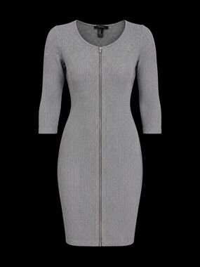 Forever 21 Silver-Grey Ribbed Zip Front Bodycon Dress Medium